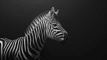 Fototapeta premium Against a striking black backdrop, a monochrome masterpiece unfolds as a zebra stands in bold contrast, showcasing its iconic black and white stripes. Nature's monochromatic elegance.