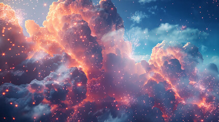 Glowing digital cloud landscape with data connections and smoke