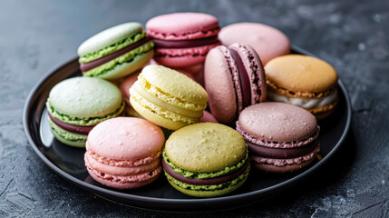 a variety of macarons in different pastel shades like pink, green, and yellow, placed neatly on a dark plate