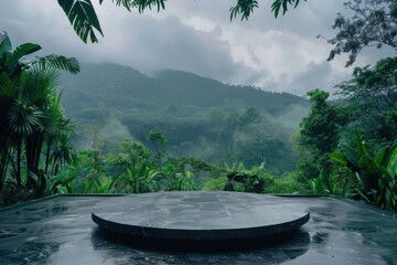 Empty circular platform in lush green tropical forest with misty mountains background.  Concept of nature, serenity, relaxation, and tranquility.