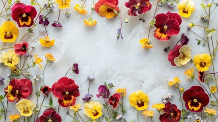 Contemporary floral backdrop featuring yellow and red pansy blooms small green foliage summer flat lay design with room for text