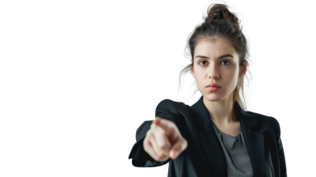 Businesswoman pointing with finger transparent background