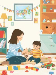 A mother and her young child are playing with toys in their kitchen. The scene is warm and inviting, perfect for families looking for inspiration for playtime and kitchen fun. Generative AI