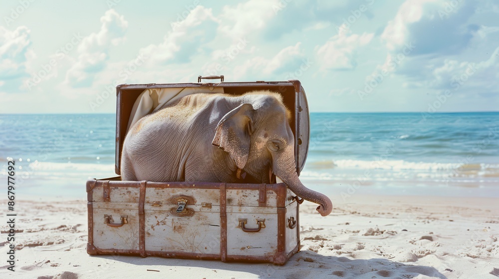 Sticker Baby Elephant Inside a Vintage Suitcase on a Beach