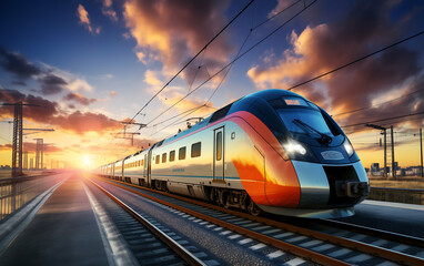 Fototapeta premium Modern high-speed train on the background of a beautiful sunset.