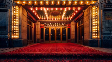 Elegant old theater with marquee lights and a red carpet entrance