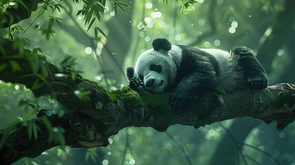Obraz premium Amidst the lush canopy of Bifengxia Nature Reserve, a lazy panda bear peacefully slumbers on a tree branch, embodying the tranquility and charm of China's iconic wildlife.
