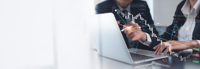 Stock market analysis, finance and investment concept. Business team analyzing financial graph growth trading, data analysis, business strategy and solution, stock market report, currency exchange