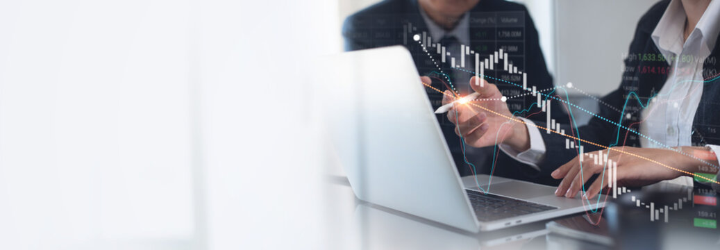 Stock market analysis, finance and investment concept. Business team analyzing financial graph growth trading, data analysis, business strategy and solution, stock market report, currency exchange