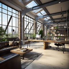 Contemporary coworking office interior with furniture and daylight. 3D Rendering