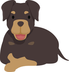 Happy rottweiler puppy dog with short tail lying down, resting, and panting, in cartoon style
