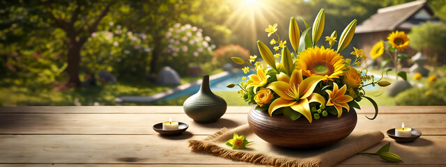Cheerful Ikebana Arrangement with Yellow Lilies and Sunflowers in Garden Setting, copy space banner, Nature Background, 4k Wallpaper, Frame TV Art, Wall Art