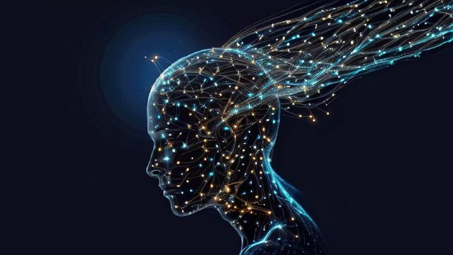 Profile silhouette composed of interconnected nodes and light trails against dark background. Represents artificial intelligence, neural networks, and cognitive computing concepts.	