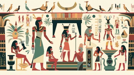 Ancient Egyptian Gods and Goddesses Illustration in Traditional Style for Travel and Art Themes