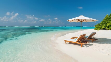 white beach and blue sea with umbrella and chairs