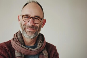 Obraz premium Man with glasses and beard wearing scarf and looking at camera in fashionable styleportrait of a stylish man in winter fashion with trendy accessoriesfashionable man with beard and glasses looking