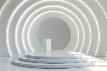 Fototapeta premium Modern, minimalist white stage with round shapes and lighting, ideal for presentations, product displays, or events. Concept of design, space, and architecture.