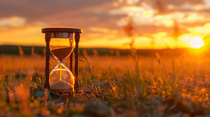 Hourglass with flowing sand in open field at sunset