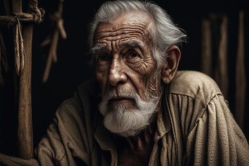 Obraz premium Image of an old man sweating, sitting in his hut, black background, very detailed. Facial expressions reflect wisdom and the test of time.