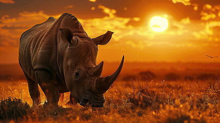 Fototapeta premium As the sun sets over the Khama Rhino Sanctuary in Kenya, the majestic White Rhinoceros, with its square-lipped visage, epitomizes the resilience and grandeur of African wildlife.
