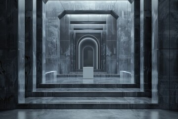Fototapeta premium Futuristic Minimalist Interior with Empty Podium in Glowing Hallway