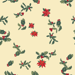 Poinsettias and Holly on a Cream Pattern Seamless Repeat Pattern 