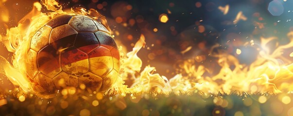 Flaming soccer ball on dark background with German flag. Epic goal, winner. World championship cup. Euro 2024. Sport bet, football match betting. Banner, poster or card with copy space