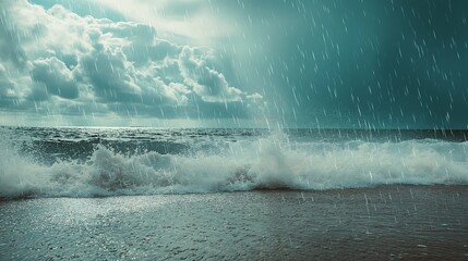 Obraz premium Gentle rain accompanied by rhythmic thunder on a beach beside the sea.