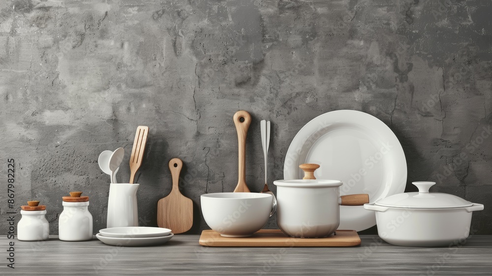 Poster a collection of white ceramic cookware and wooden utensils arranged on a wooden surface against a co