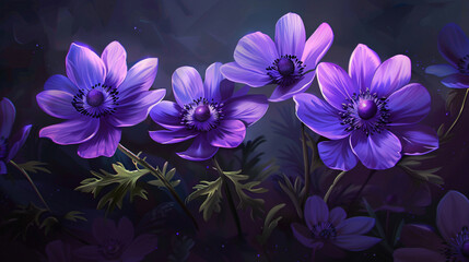 Purple anemones in ultra-realistic digital art style on dark background