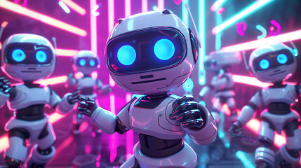 Naklejka premium Group of cute robots playing video games in neon light bar