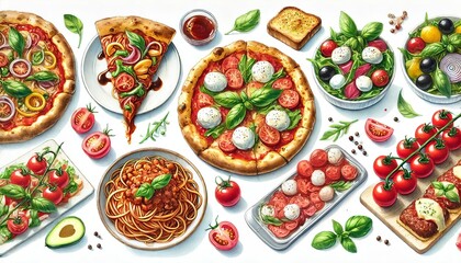 Italian cuisine, pizza, pasta, salads, and fresh ingredients like tomatoes, basil, and olives on a white background.
