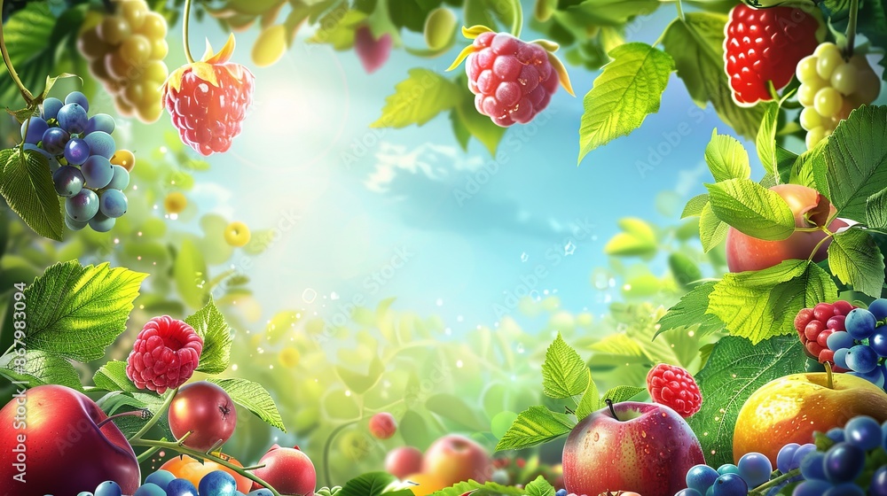 Poster a close-up image of a lush summer scene featuring vibrant fruit vines bursting with ripe blueberries