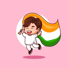 Premium vector cute boy holding Indian flag. Indian Independence Day Vector. Chibi cartoons.