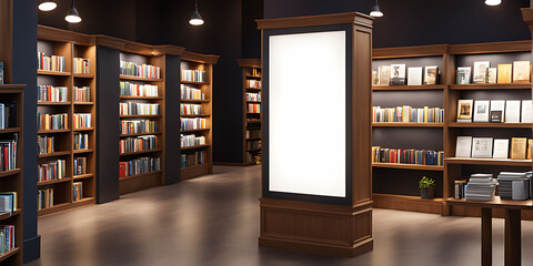  White blank billboard on bookstore, for advertising, mockup presentations, announcements, promotions, and digital marketing. Blank sign poster in bookstore shop banner 