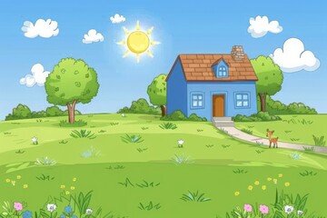 house in spring season on the green hill with green tree in spring season with bright color scheme with the sun bright and cloudy in cartoon style