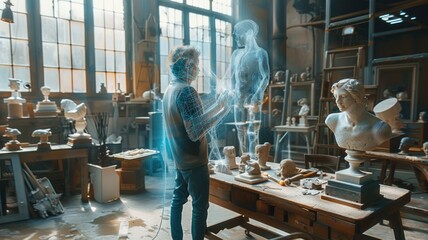 A sculptor in a spacious studio with an AI assistant as a digital blueprint overlaying the sculpture. The AI guides the sculptor�s hands with precision. Soft, even lighting creates a focused
