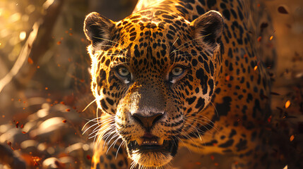 In a daring encounter, a brave jaguar taunts its prey with an intense gaze, showcasing the primal instincts and fierce prowess of this apex predator.