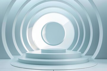 Obraz premium Minimalistic blue podium or pedestal with round arch for product display. Abstract modern 3D render illustration with geometric shapes. Concept of showcase, exhibition, or presentation.