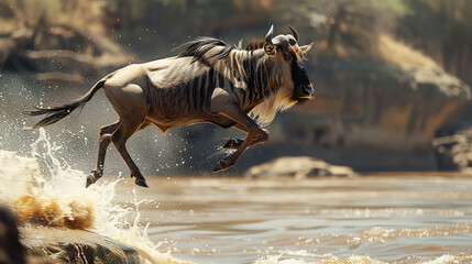 In a display of sheer athleticism, a wildebeest leaps mid-air over the Mara River, illustrating the indomitable spirit and remarkable agility of these majestic creatures during the Great Migration.