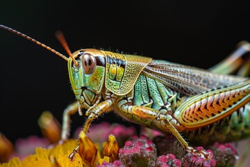 Fototapeta premium Close-Up of a Vibrant Green and Orange Grasshopper