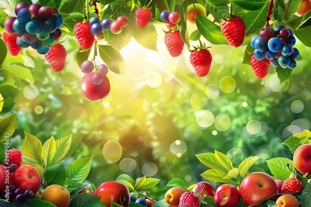 Poster a close-up image of fresh, ripe fruit hanging from branches in a sunny orchard. generative ai