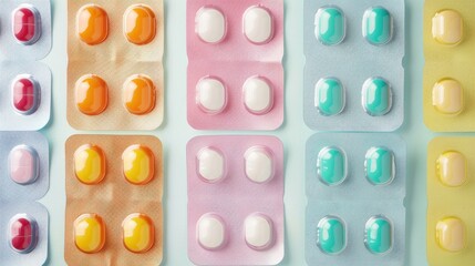 Variety of colored medicine tablets in blister pack flat lay composition with space for text