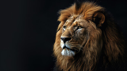 In a powerful close-up, an African lion commands attention against a black backdrop, emphasizing...