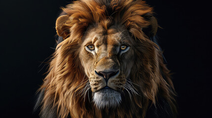 In a powerful close-up, an African lion commands attention against a black backdrop, emphasizing its regal demeanor and showcasing the wild beauty of this majestic creature.