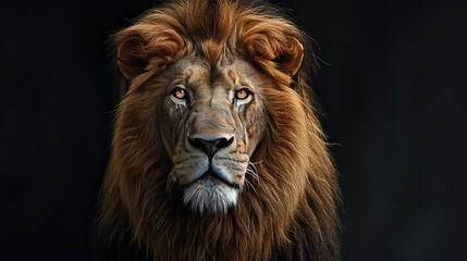 Fototapeta premium In a powerful close-up, an African lion commands attention against a black backdrop, emphasizing its regal demeanor and showcasing the wild beauty of this majestic creature.