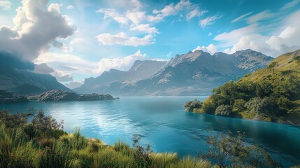 Fototapeta premium Scenic Landscape of New Zealand with Snow-Capped Mountains and Clear Blue Lake