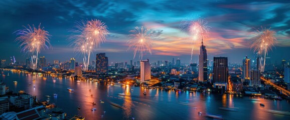Fototapeta premium Big Fireworks Over Bangkok City