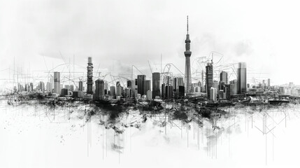 Design a minimalist, scratchy sketch style black and white drawing that combines elements of both 4G and 5G technologies.