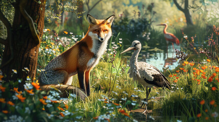 In a whimsical meadow, a red fox and a stork coexist, representing the diversity of European fauna. A harmonious scene capturing the essence of wildlife in a peaceful garden.